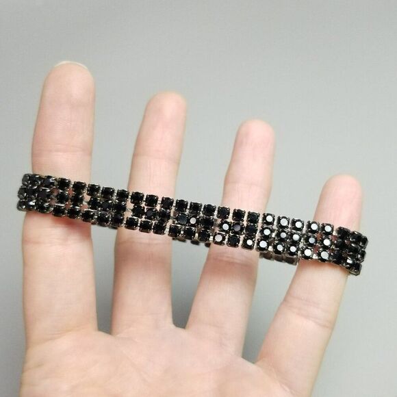 Vintage Sparkly Black Rhinestone Three Row Stretch Bangle Bracelet, Estate - Picture 2 of 7
